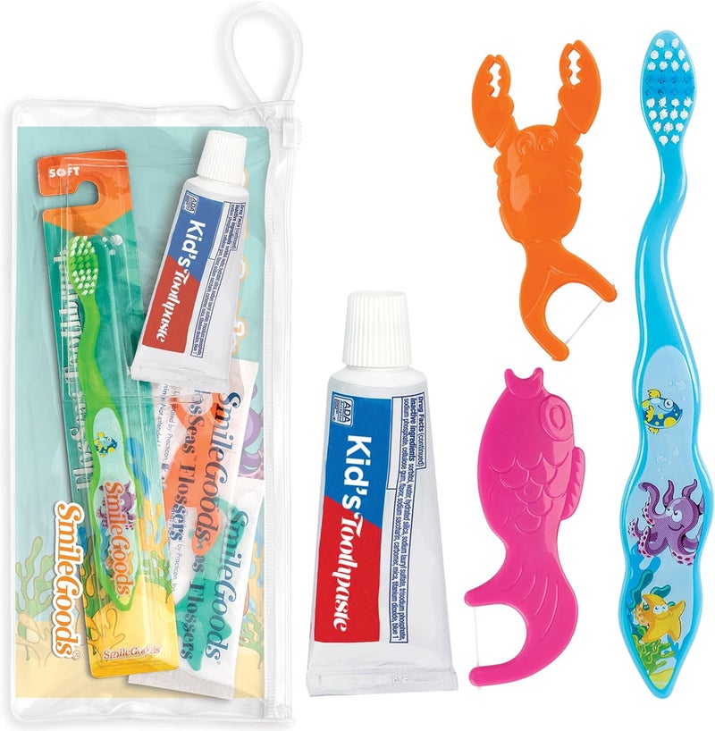 Practicon FlosSeas Child Dental Care Kit, Travel Size Bundle w/Assorted Color Toothbrush, Kids Toothpaste and Flossers, TSA Friendly Kids Oral Care Kit - Image 1